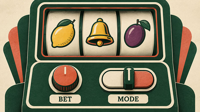 Illustrated slot reels above separate BET and MODE controls